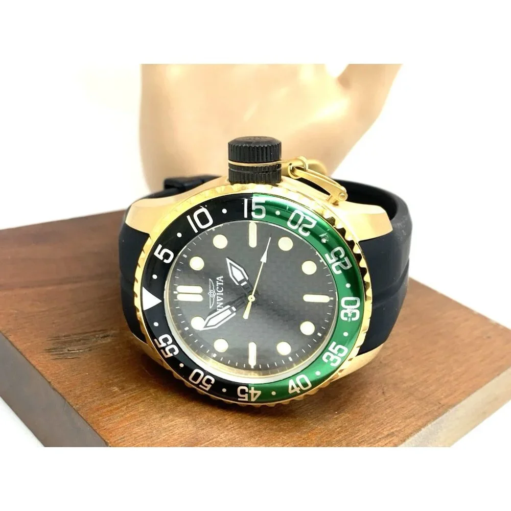 Invicta Men's Watch 35661 Pro Diver Quartz Gold Black Green Bezel Rubber Band